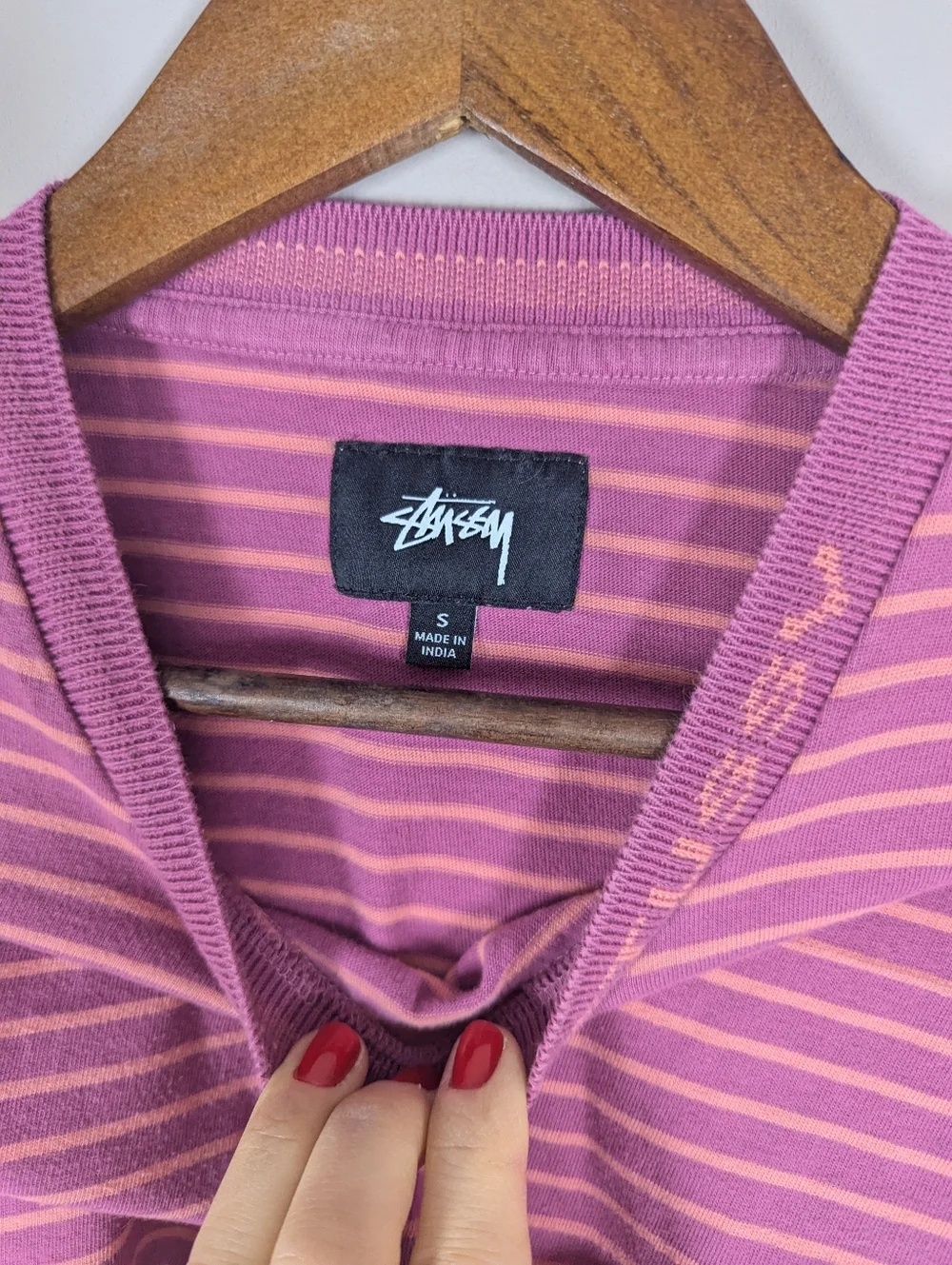 Stüssy Jack striped t-shirt pink white small streetwear tee unisex - Picture 5 of 8